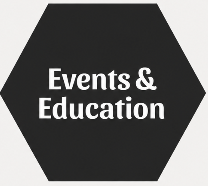 Black hexagon with white text reading 'Events & Education'