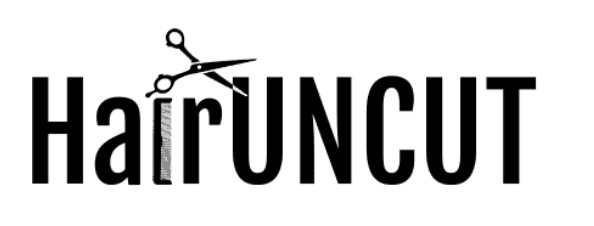 The logo for HairNCut with a pair of scissors integrated into the text.