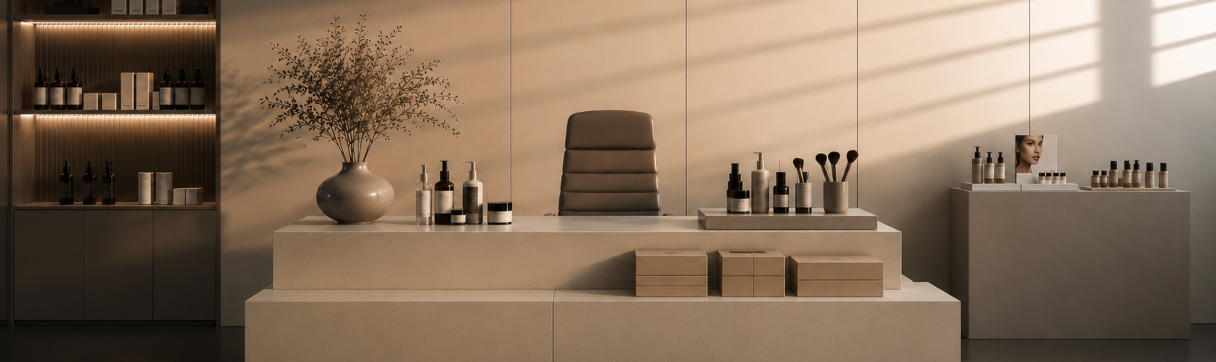 Minimalist reception desk with skin-colored boxes, bottles, and makeup brushes, decorated with a large potted plant and illuminated by warm lighting, with retail shelves on the left side.