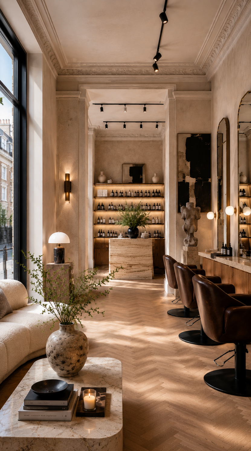 Elegant salon with natural light, wooden floors, beige walls, and a marble coffee table with books, a black bowl, and candles. Barbershop chairs face a mirror, and a marble counter with bottles and a sculpture. Shelves with bottles and vases behind a reception desk.