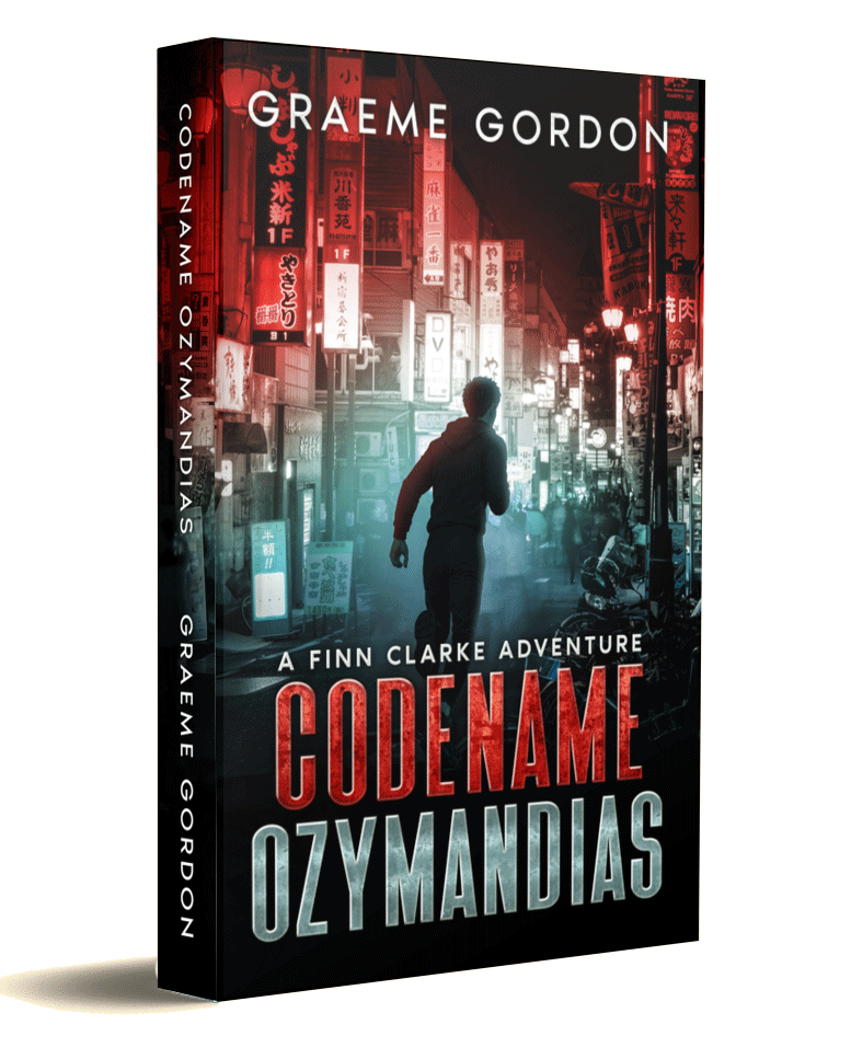 Book cover for 'CodeName Ozymandias' by Graeme Gordon featuring a silhouette of a man walking in a neon-lit city street at night.