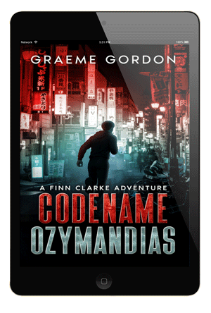 E-book cover for 'Codename Ozymandias' by Graeme Gordon, featuring a silhouette of a teen walking in a neon-lit city street at night.