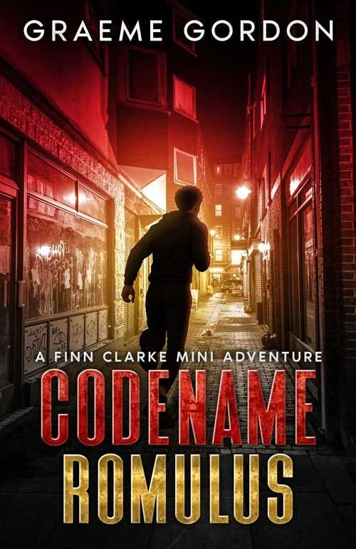 Book cover for "Codename Romulus" by Graeme Gordon. It features a man walking down a dimly lit alleyway at night, with red and yellow lighting highlighting the scene.
