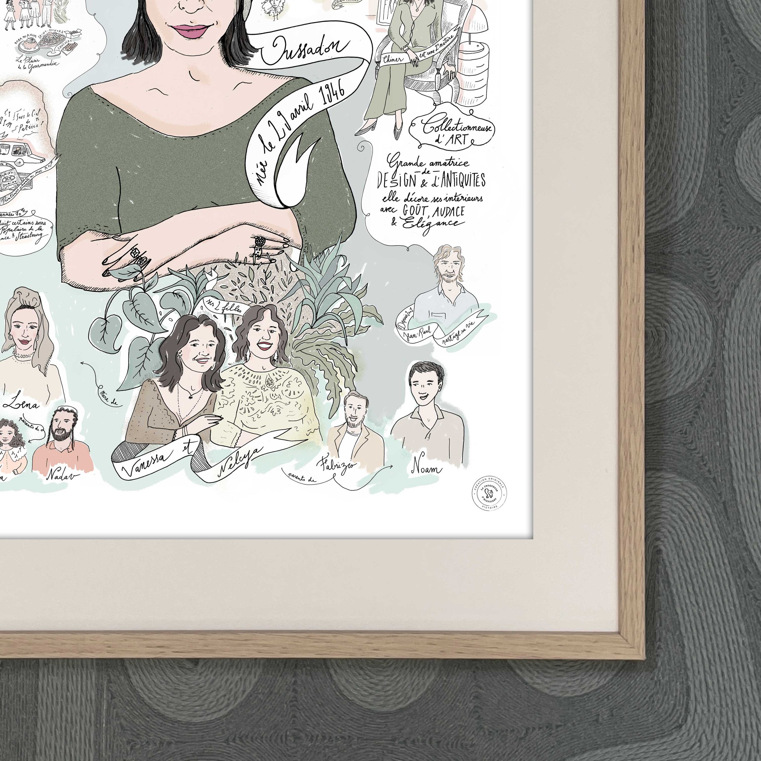 Illustration artistique d'une femme avec des cheveux noirs courts, portant un haut vert, entourée de dessins, de textes et de portraits de différentes personnes. La composition inclut des éléments de design et de décoration intérieure, avec diverses 