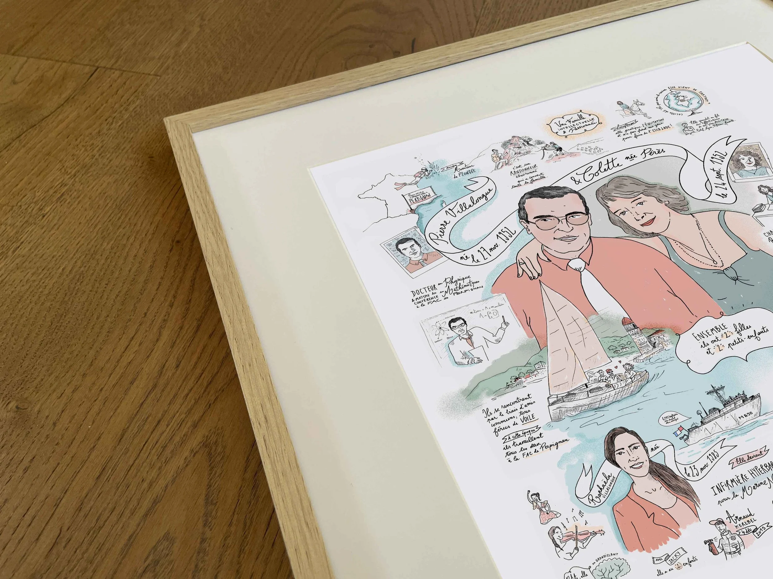Une illustration colorée représentant la vie de Marie Curie, avec des scènes de ses découvertes et de sa famille, accompagnée de textes explicatifs en français.