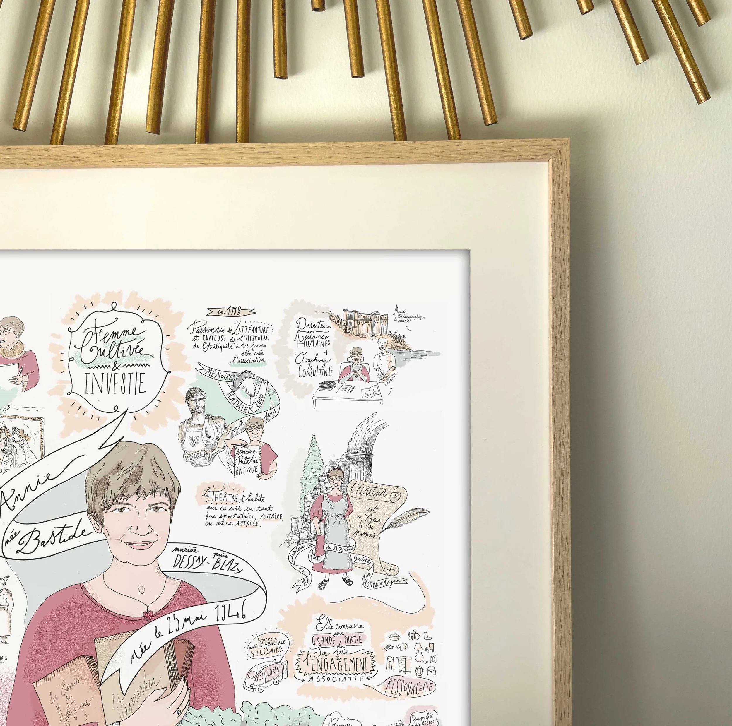 Une affiche illustrée avec des dessins et des textes en français, évoquant un récit de vie, avec une photo d'une jeune femme portant un carnet, et diverses représentations de paysages et d'activités culturelles.