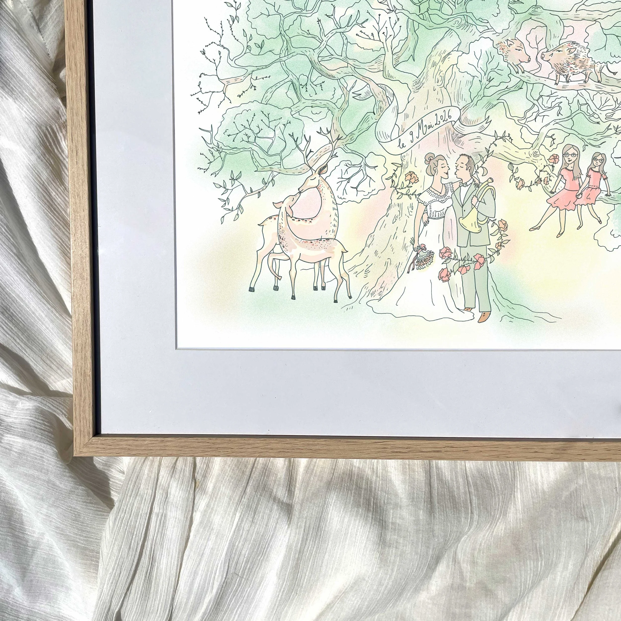 Cadeau personnalisé de mariage. Œuvre sur mesure d'un arbre d'amour ou arbre de mariage, qui symbolise leur amour, leur engagement qui prend racine. Un portrait stylisé au pied d'un grand arbre avec leurs enfants ou des duos d'animaux.