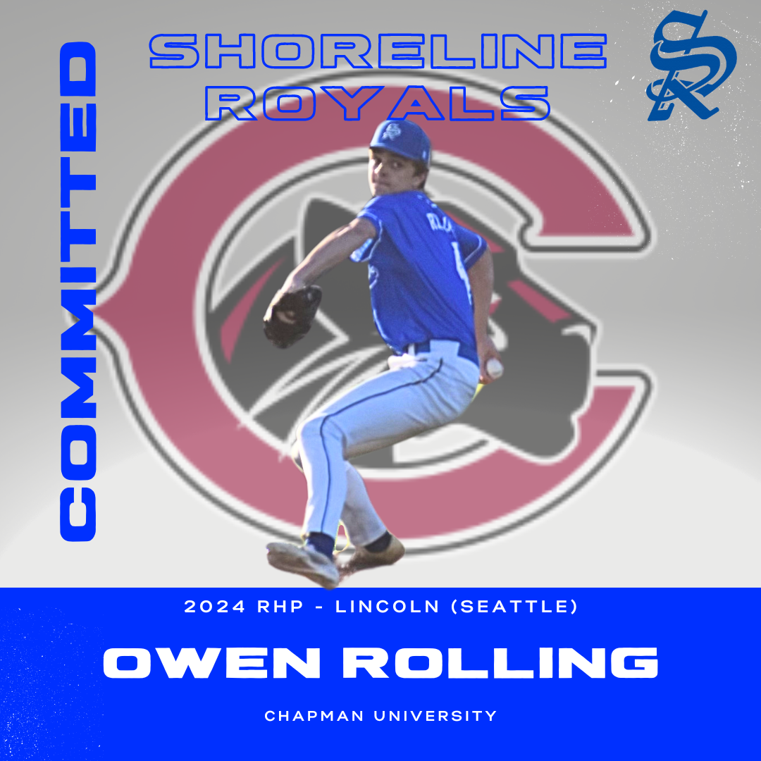 A baseball player in a blue uniform and cap mid-pitch, with a fantasy-themed team logo in the background. Text includes 'Owen Rolling', 'Chaman University', and references the Shoreline Royals 2024 season.