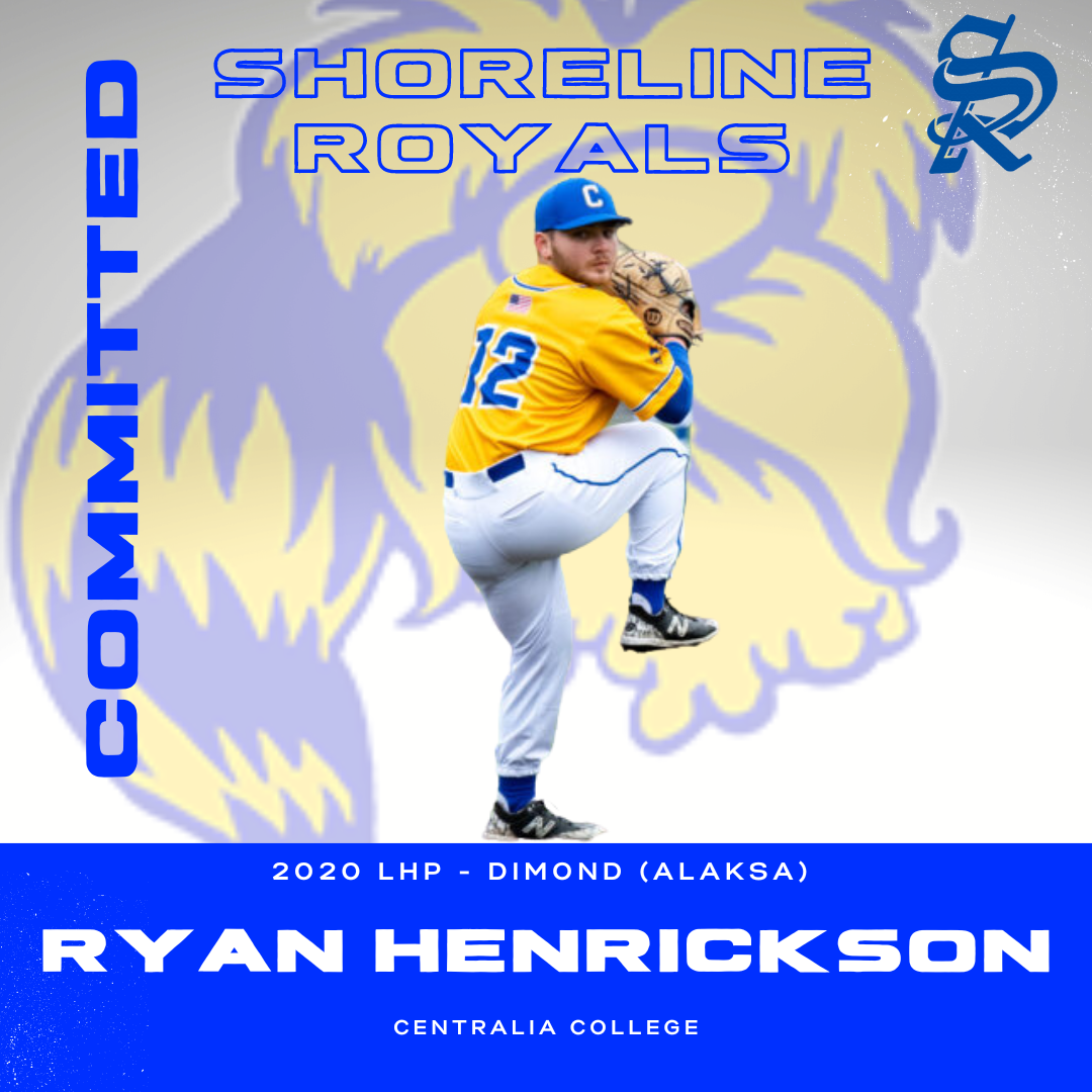 Graphic of a baseball player wearing a yellow jersey, white pants, and a blue cap, holding a glove. Text overlay includes team name 'Shoreline Royals,' player name 'Ryan Henrickson,' and details about a 2020 game, along with social media handle '@kom