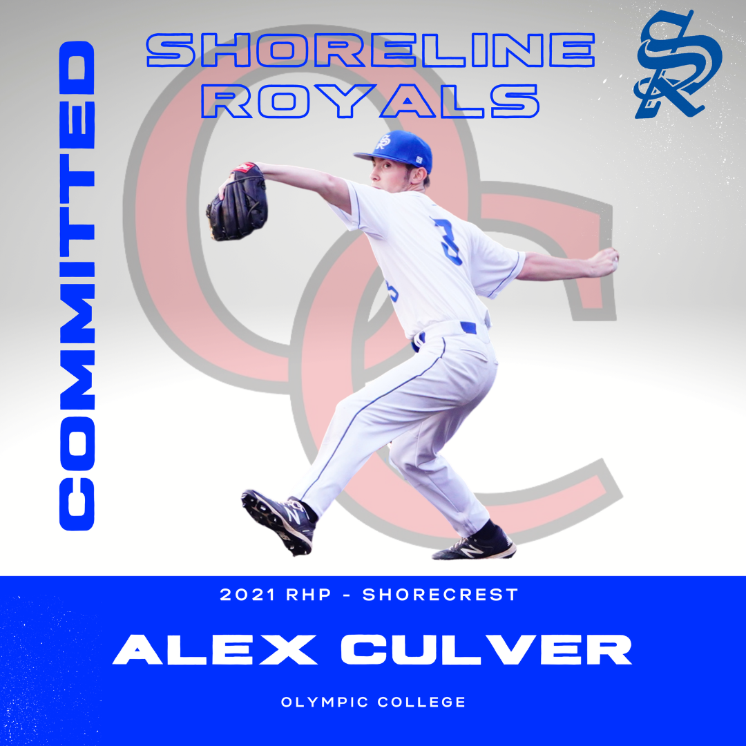 Baseball player pitching in uniform, with text referencing Shoreline Royals, Shorecrest, and Alex Culver.