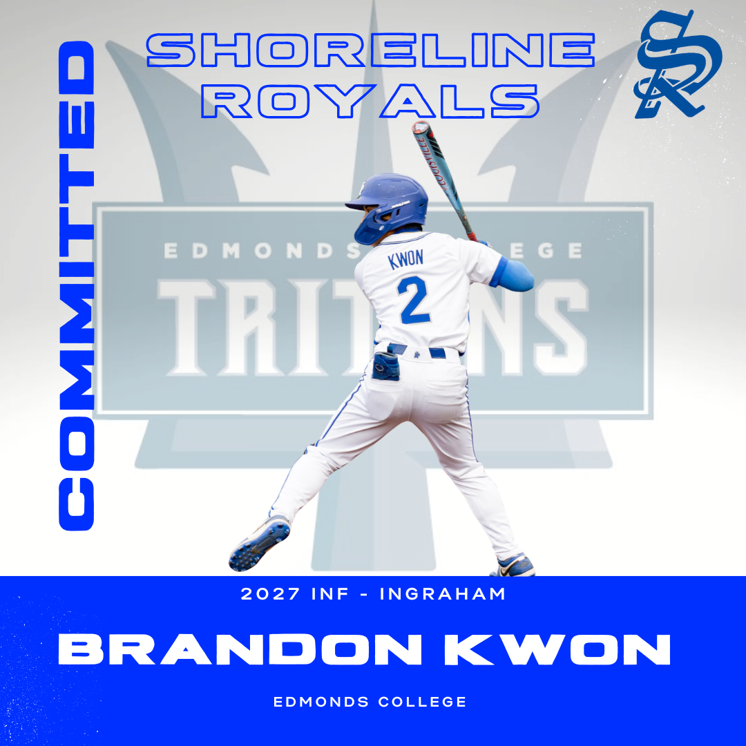 A baseball player in a white and blue uniform with the number 2, named Kwon, batting during a game. The background features text and logos indicating Edmonds College Trojans and Shoreline Royals, with the player's name Brandon Kwon and information ab