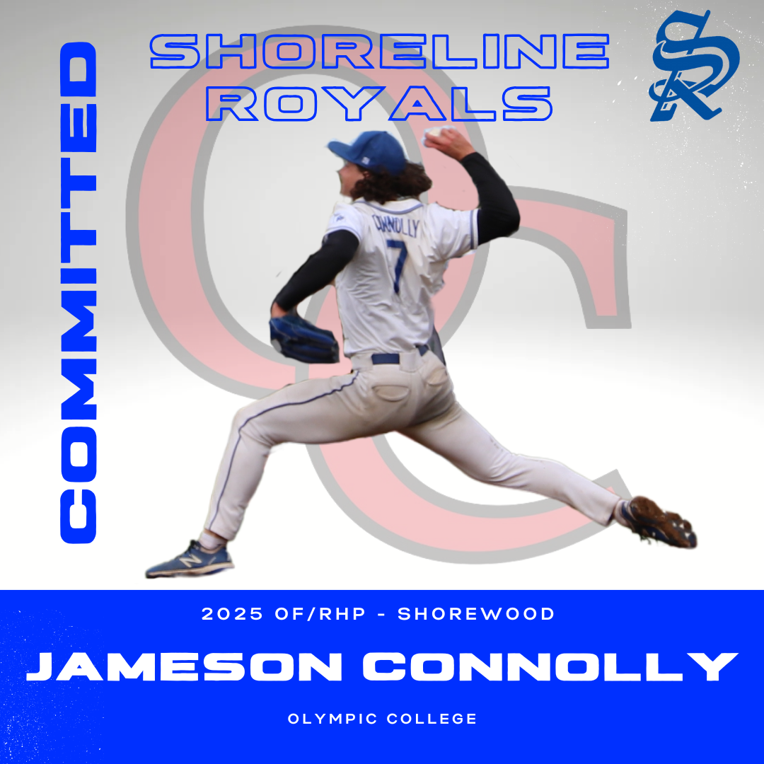 A baseball player in uniform mid-pitch, with text indicating 'Shoreline Royals' and player name 'Jameson Connolly,' promoting the 2025 softball team at Olympic College.