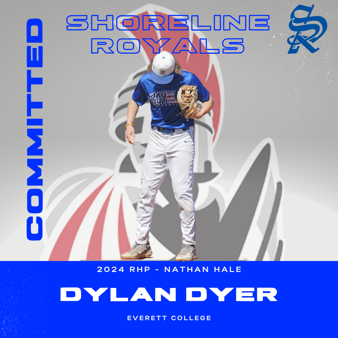 Graphic featuring a baseball player in a blue and white uniform with a glove, standing in front of a team logo, with text promoting Shoreline Royals baseball, highlighting player Dylan Dyer from Everett College.