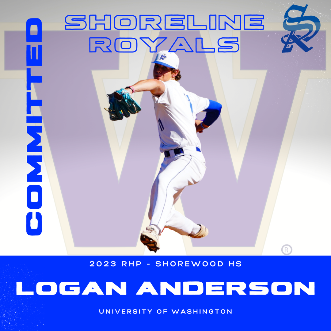 A baseball player in a white uniform and cap preparing to throw a ball. The background features the Washington Huskies logo and the text 'Shoreline Royals' and the player's name 'Logan Anderson'.