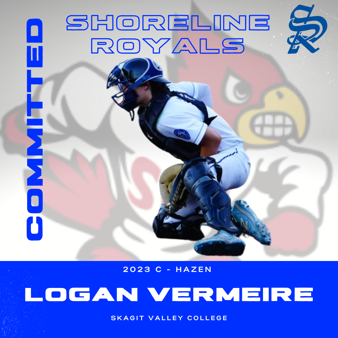 A baseball player crouching in a catcher's stance, wearing a helmet and protective gear, in front of a team logo and text for Shoreline Royals and Skagit Valley College.