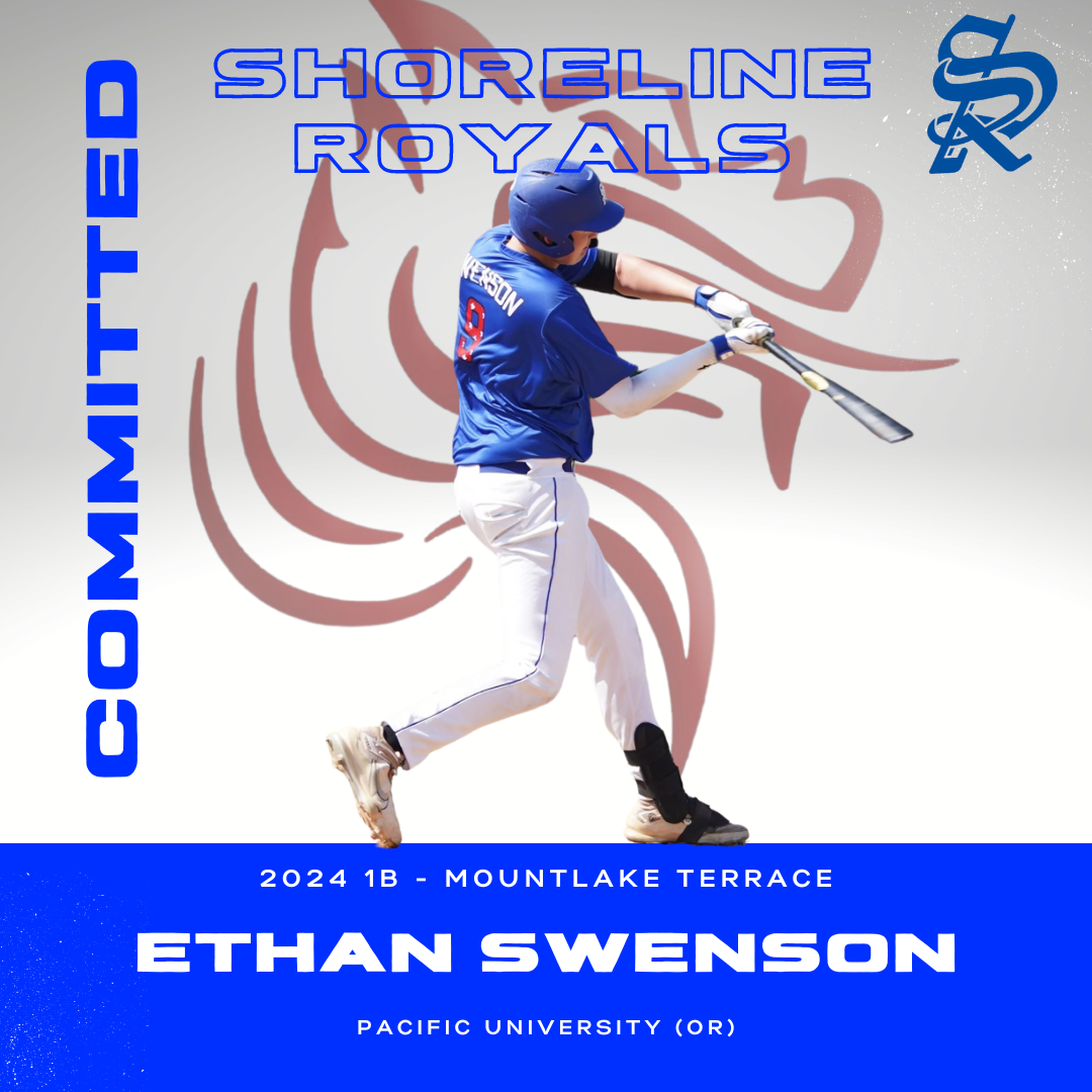 A baseball player in a blue uniform and helmet swinging a bat, with team and sponsor logos and text about the Shoreline Royals