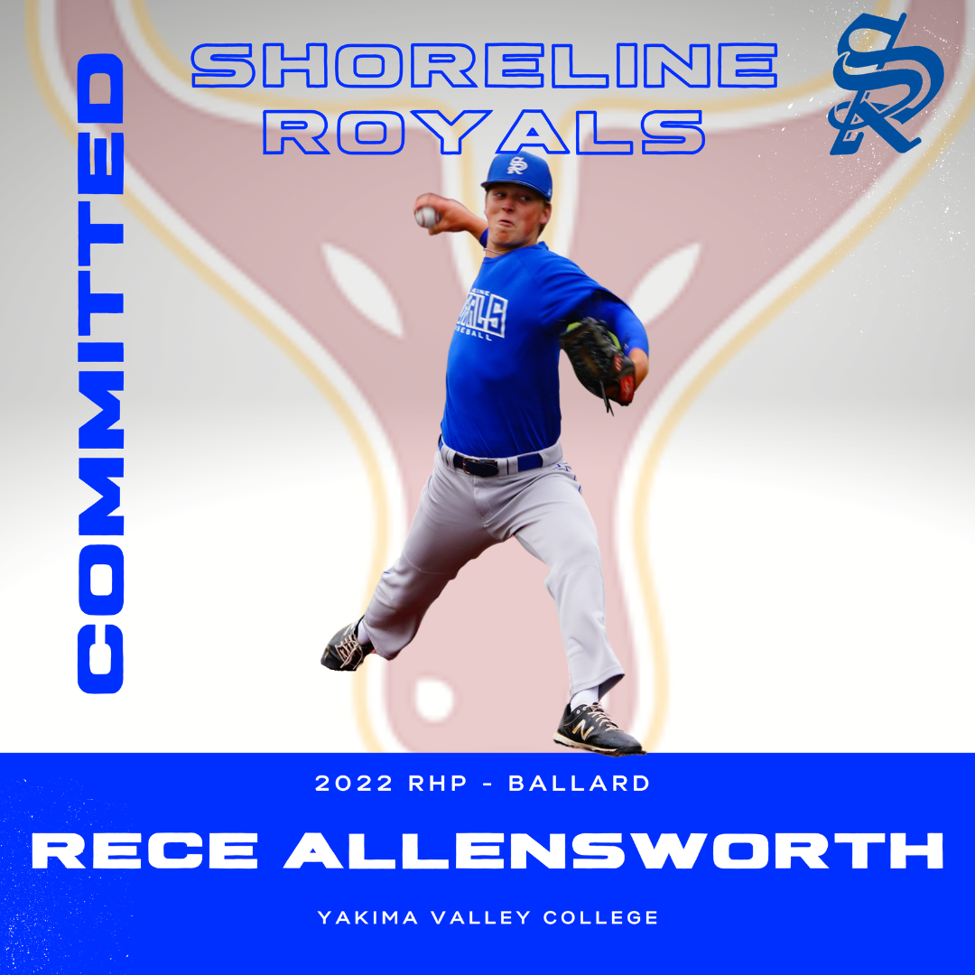 Graphic promoting the Shoreline Royals baseball team featuring a player in a blue uniform and cap, holding a baseball, with team and college information, and a large baseball and glove background.