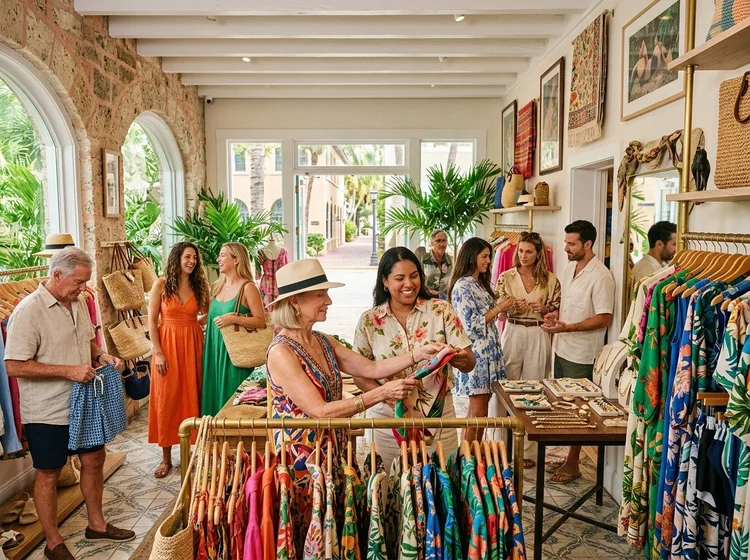 Shoppers browsing printed resortwear