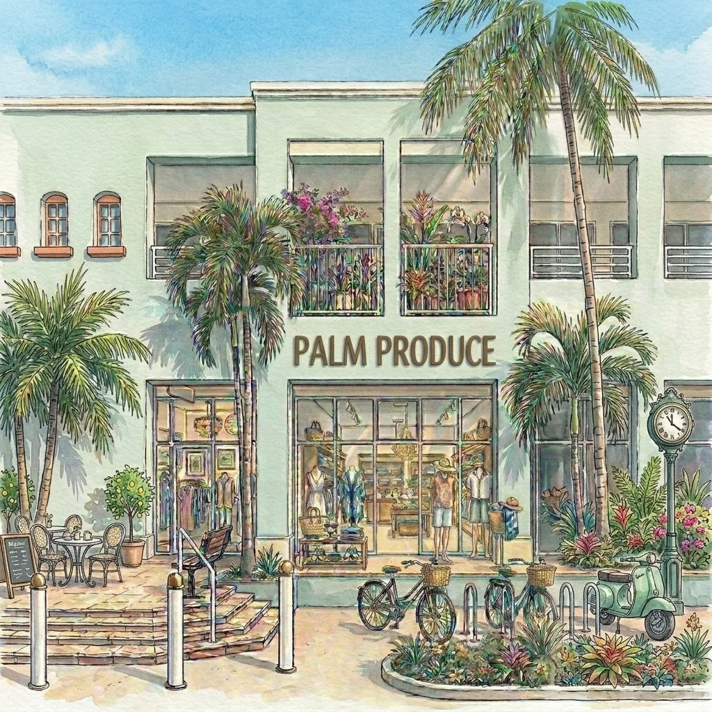 Illustration of the Palm Produce boutique in Key Biscayne