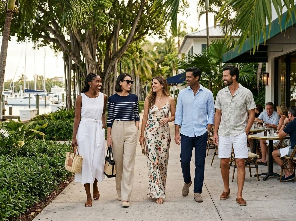 Group of five friends walking outdoors near a marina, talking and smiling, surrounded by lush greenery and dining tables with people.