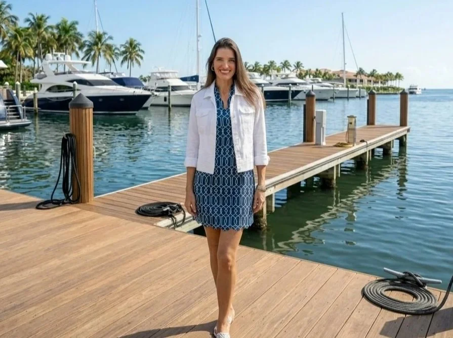 A woman standing on a wooden dock at a marina with sailboats and yachts in the background, palm trees, and a clear blue sky.