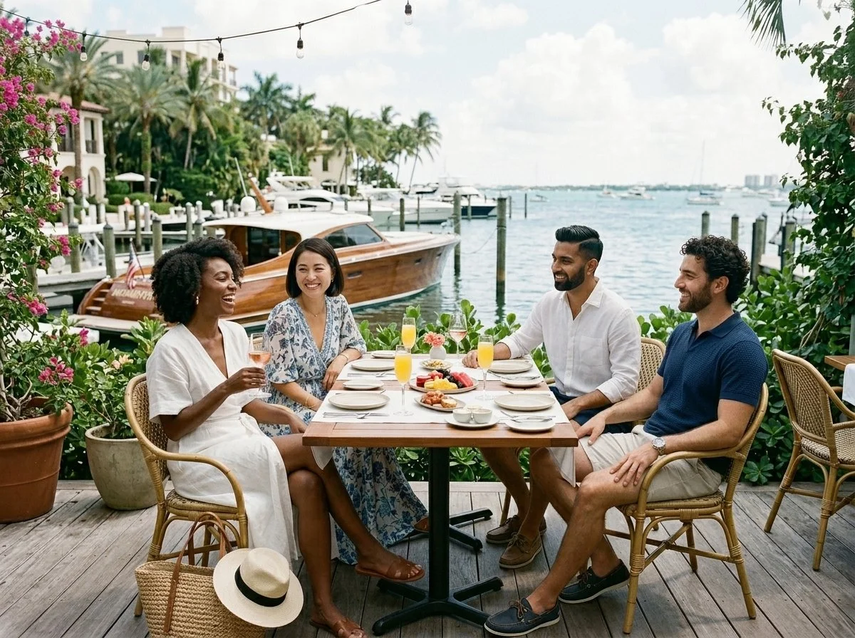 Four friends enjoying a meal outdoors by the water, with a boat docked nearby, surrounded by potted plants and trees, under string lights on a sunny day.