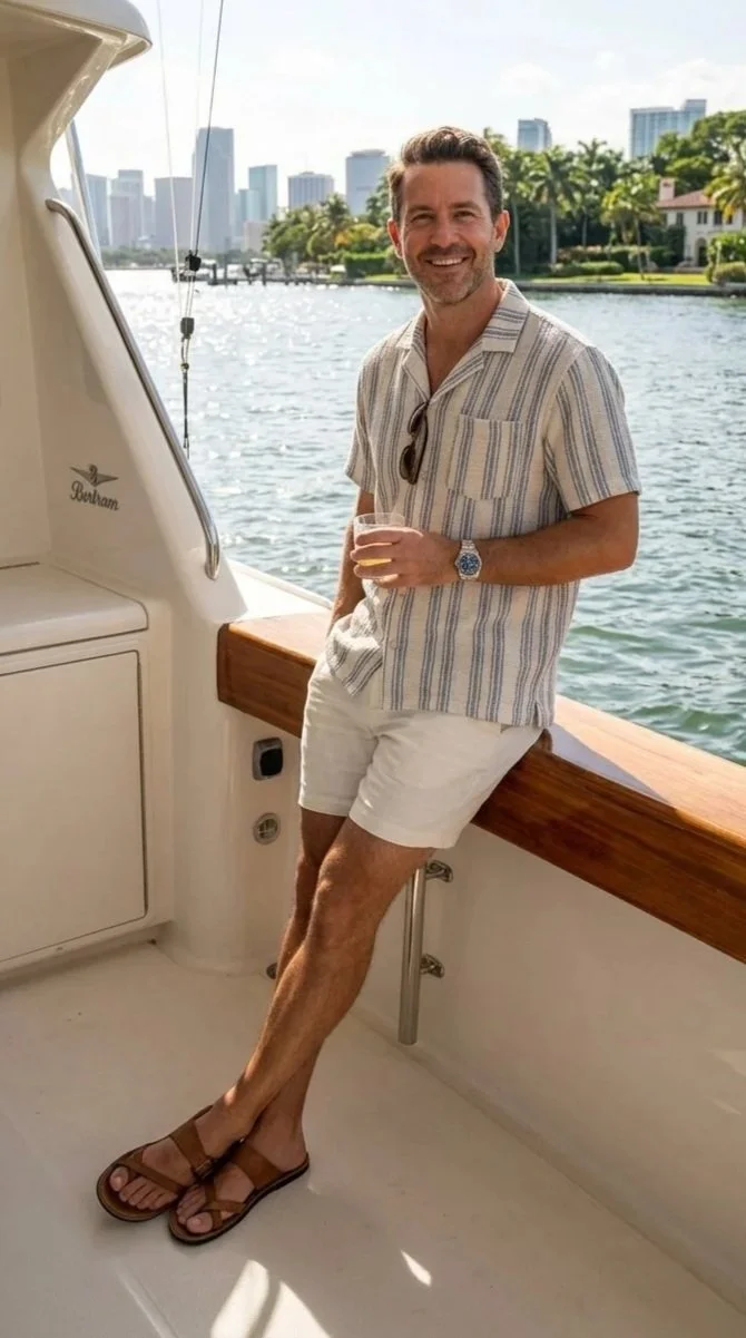 A man is standing on a boat holding a drink, smiling, with a city skyline and water in the background.