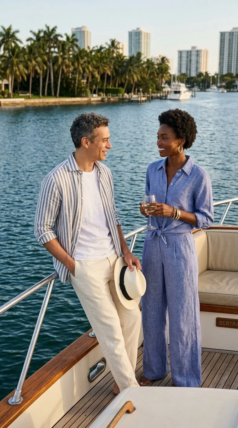 Two people are on a boat, having a conversation, with a city skyline, palm trees, and boats in the water in the background.