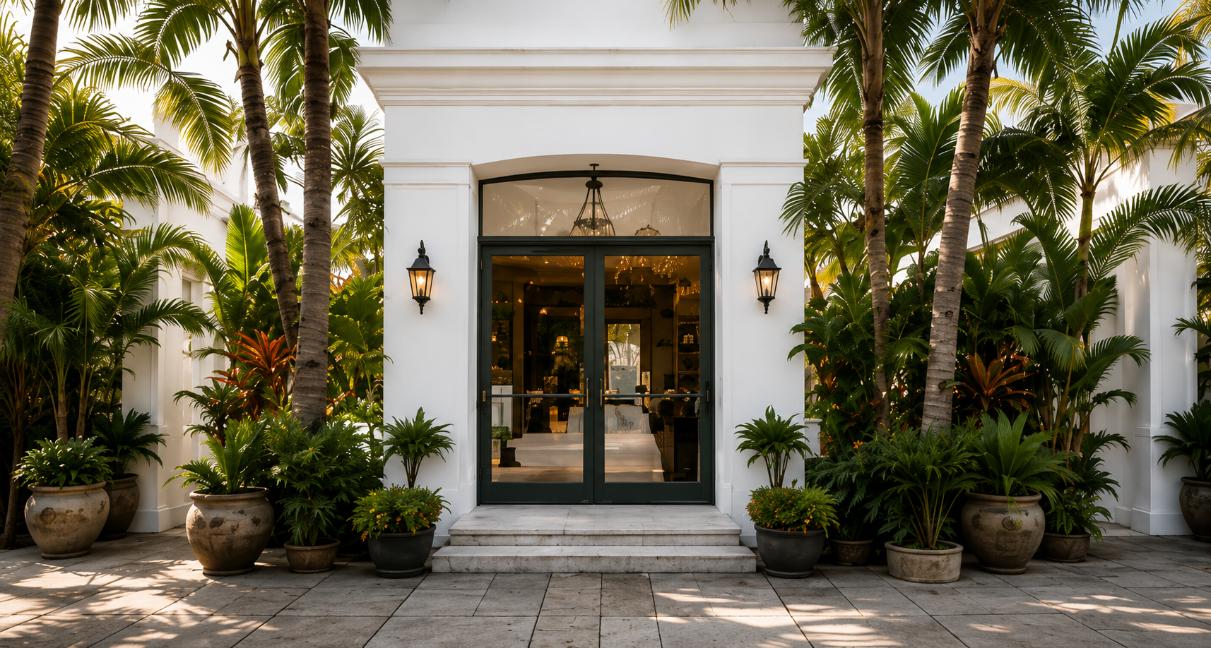 A white boutique entrance framed by palm trees and lanterns