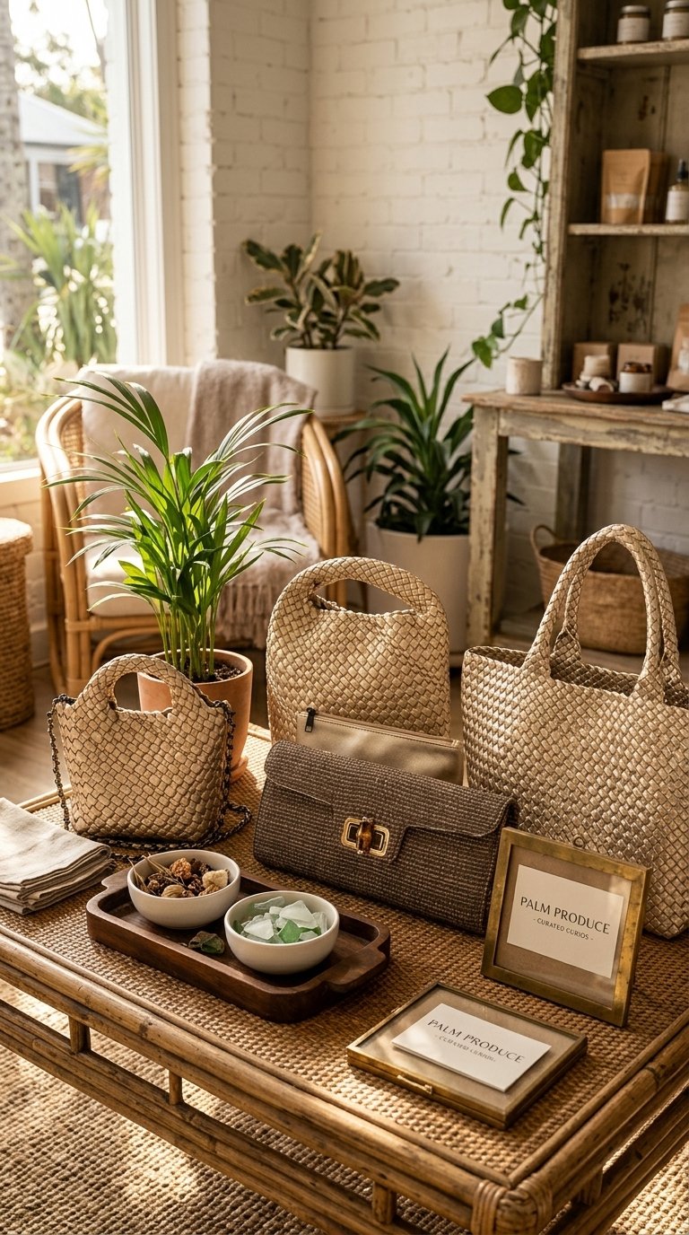 Display of woven handbags, a framed sign reading 'Palm Produce,' and decorative bowls with stones and shells on a rattan table in a cozy, well-lit room with indoor plants and rustic furniture.