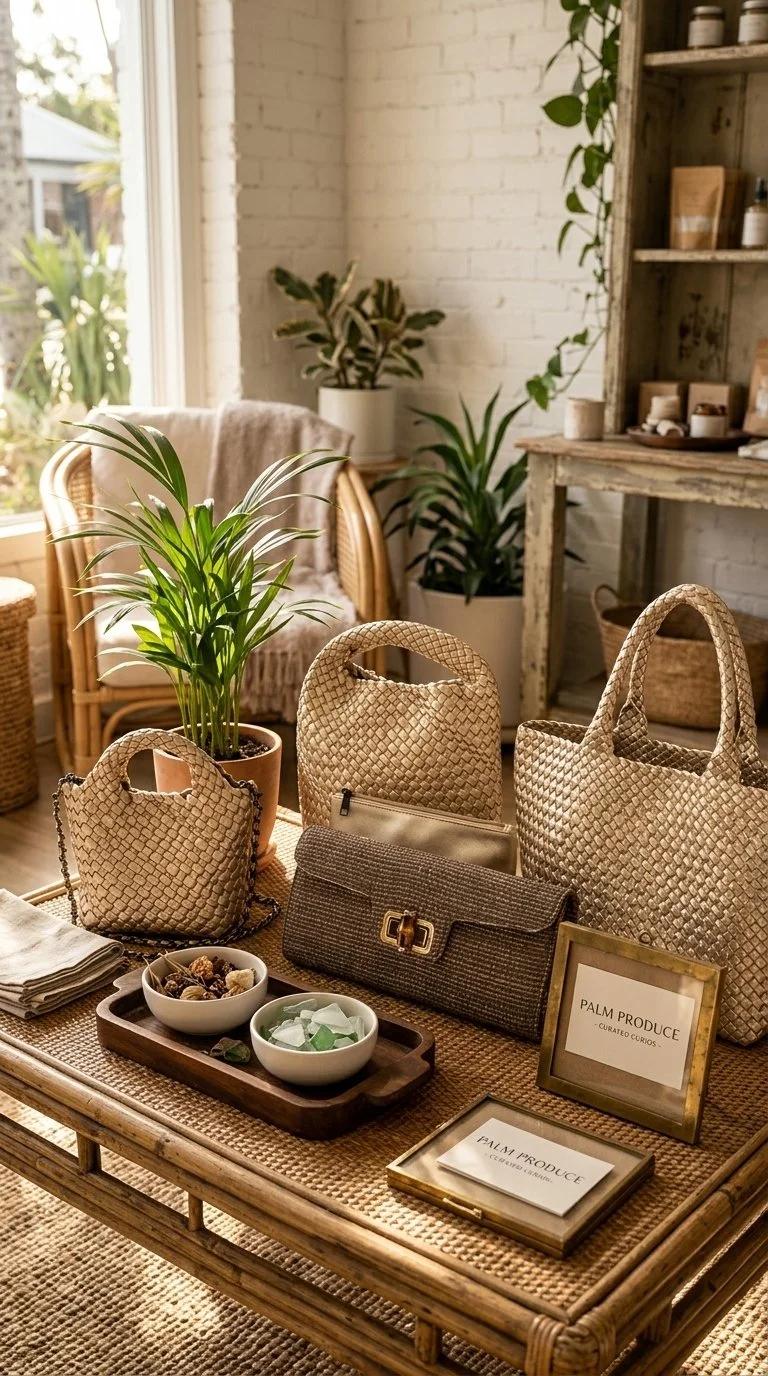 Woven handbags and gifts on display