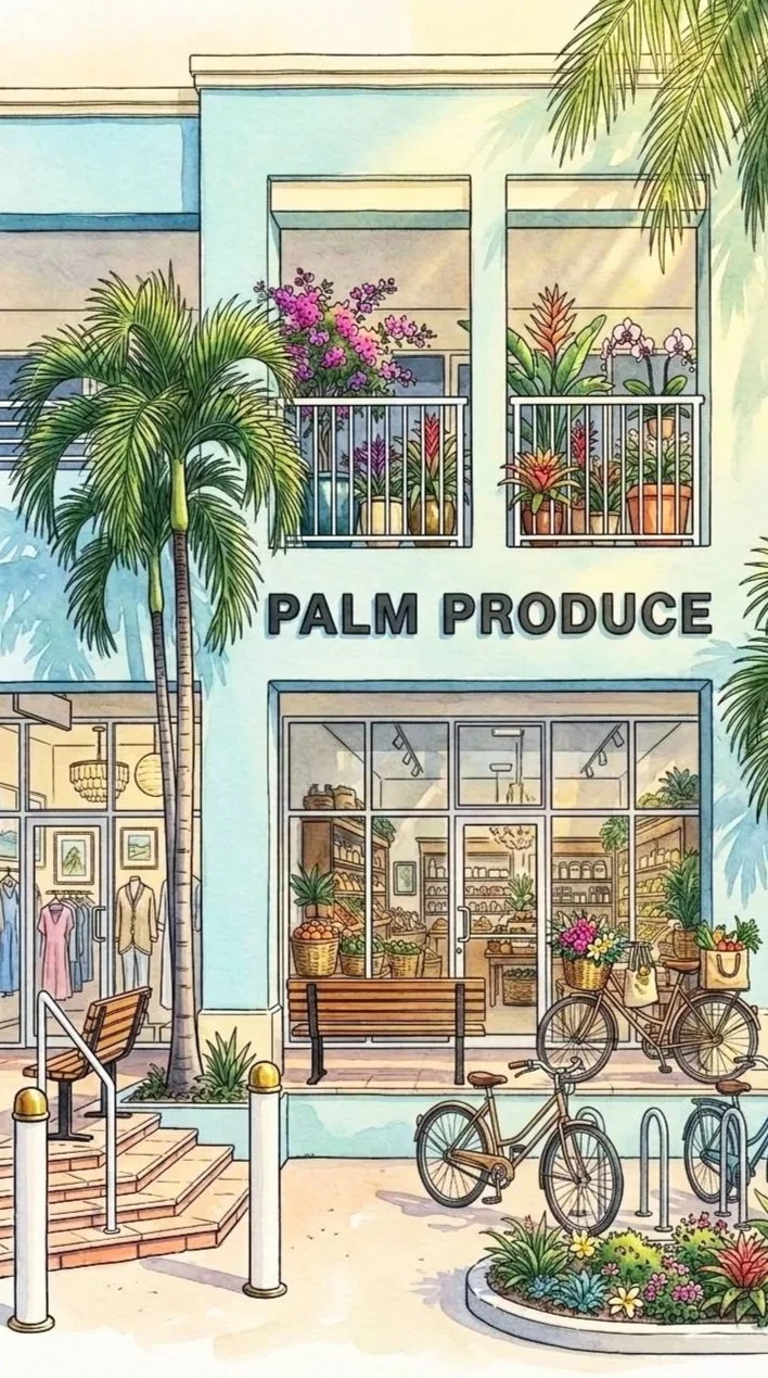 A colorful illustration of a storefront called 'Palm Produce' with large windows displaying fruits, vegetables, and plants inside. The building has two balconies with potted plants and flowers. In front, there are benches, a bicycle, a bike rack, steps leading inside, and tropical palm trees and flowering plants decorating the scene.