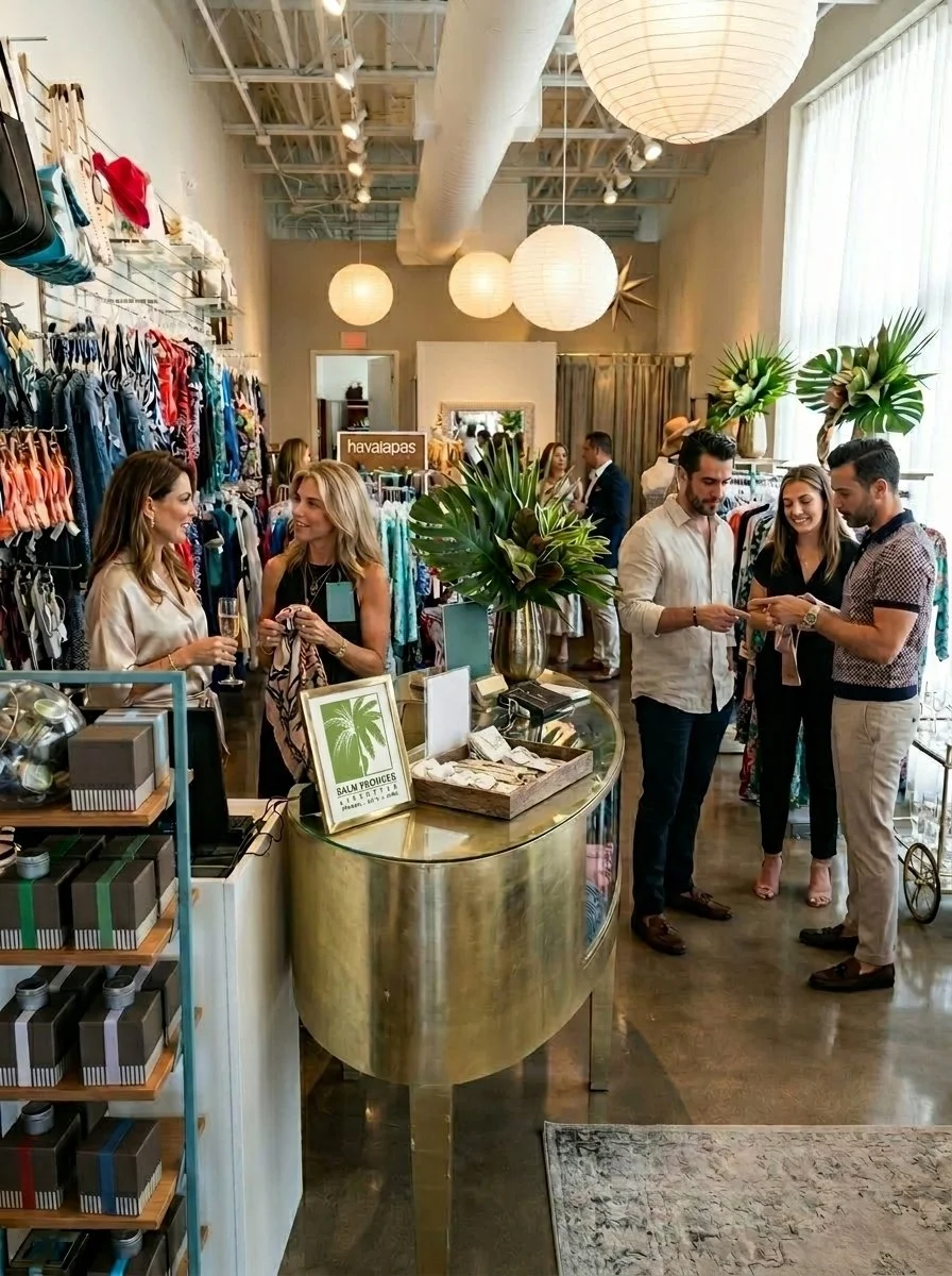 People shopping and socializing in a boutique store with clothing racks, large windows, and tropical plant decor.