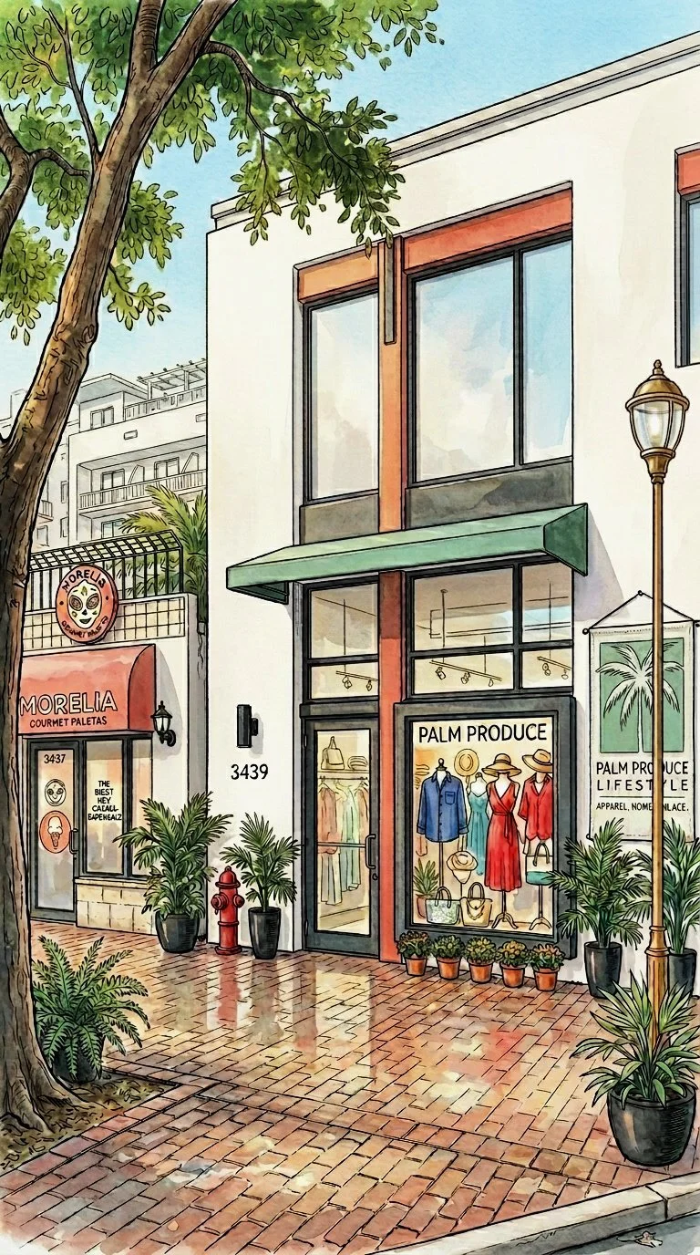 A street scene with a modern boutique clothing store called 'Palm Produce.' The storefront has large glass windows displaying clothing and accessories, with potted plants placed outside. To the left is a restaurant named 'Morelia' with an orange awning and a sign featuring a calavera skull logo. A large tree with green leaves is in the foreground, and other buildings are visible in the background. The sidewalk is paved with bricks, and a streetlamp stands nearby.