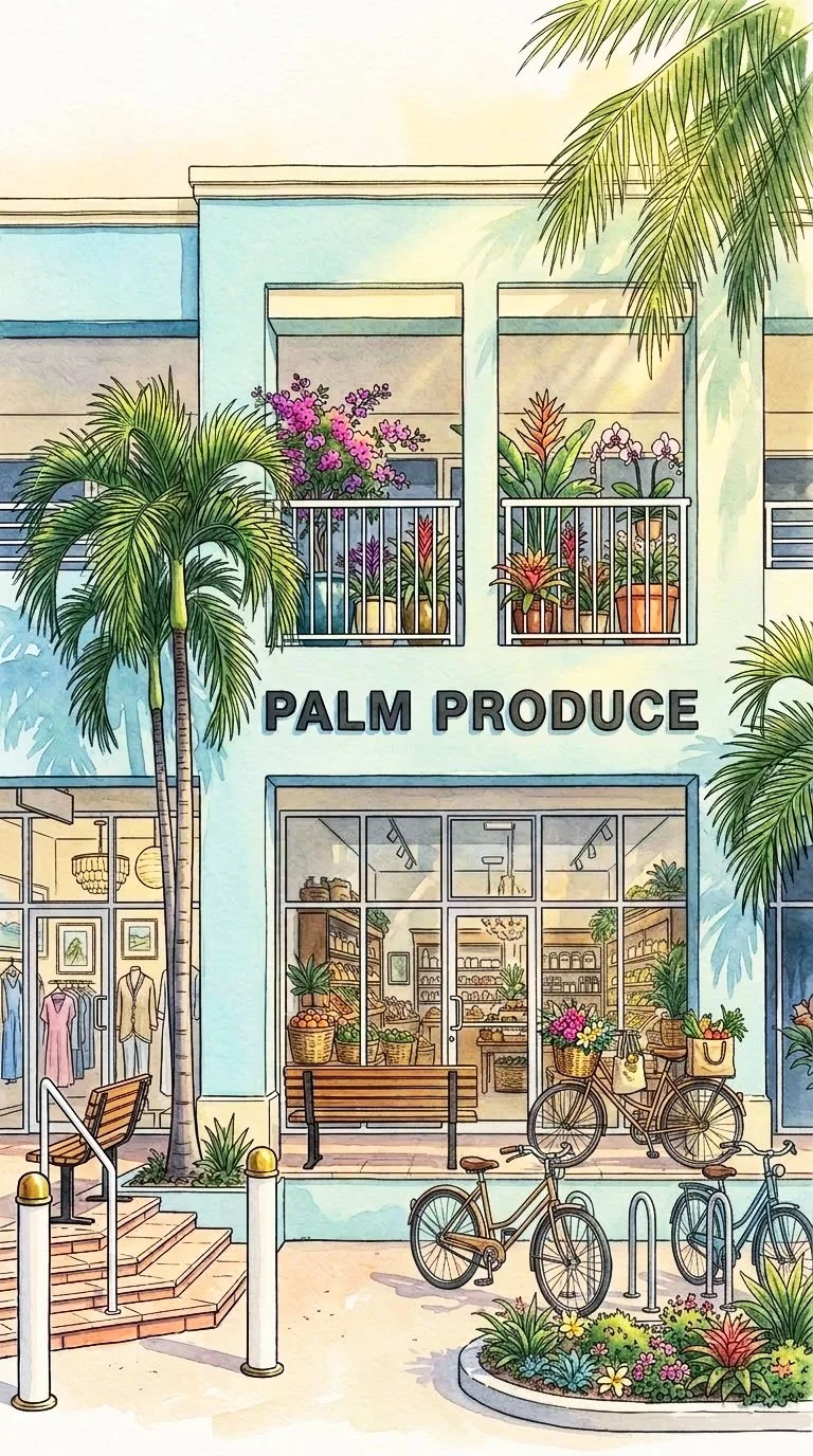 A storefront named Palm Produce with large glass windows and a display of plants and flowers inside. There are bicycles parked outside and palm trees in front of the store, with potted plants on the balconies above.