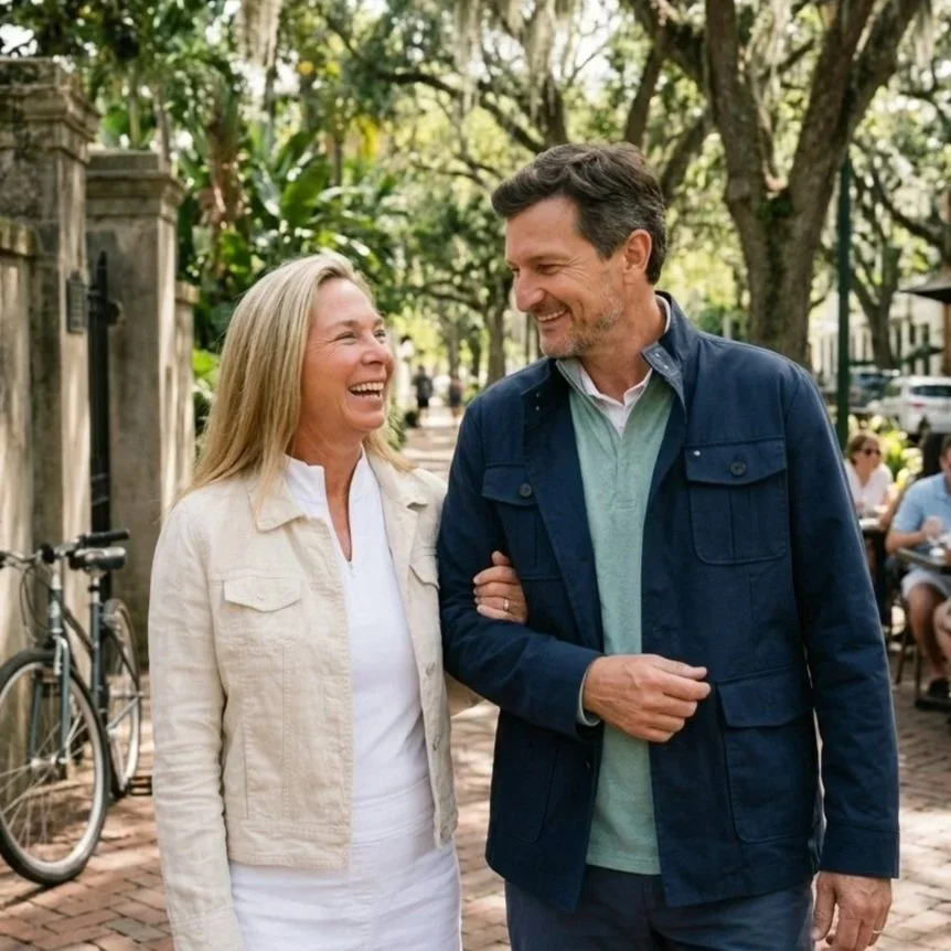 A middle-aged woman and man are smiling and walking arm-in-arm outdoors on a tree-lined street, enjoying a conversation. There are bicycles and other people sitting at outdoor tables in the background.
