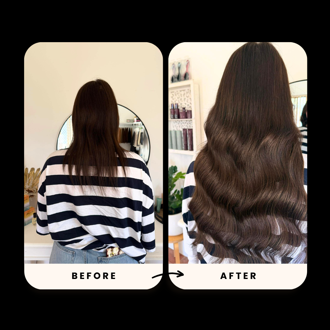 Comparison of a woman's hair before and after a styling treatment. In the "before" image, her hair is straight and slightly dull. In the "after" image, her hair is shiny, wavy, and voluminous.