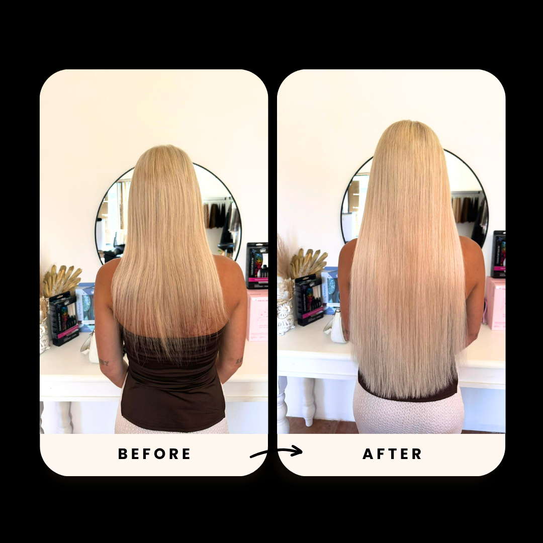 Side-by-side comparison of a woman's long blonde hair before and after a hair treatment, with the 'before' on the left and 'after' on the right.