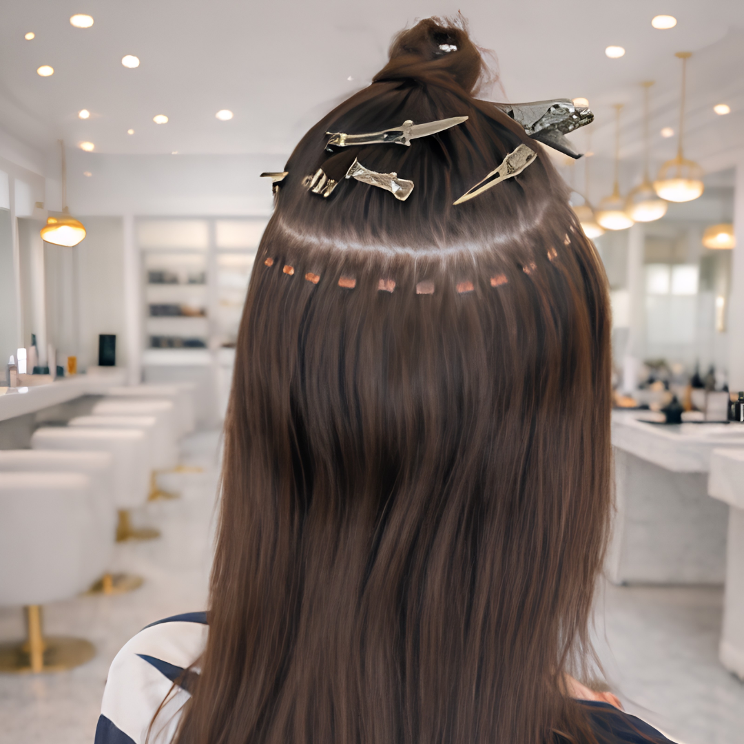 Back view of a woman with long brown hair getting a haircut in a bright, modern salon, with hair clips and scissors in her hair.