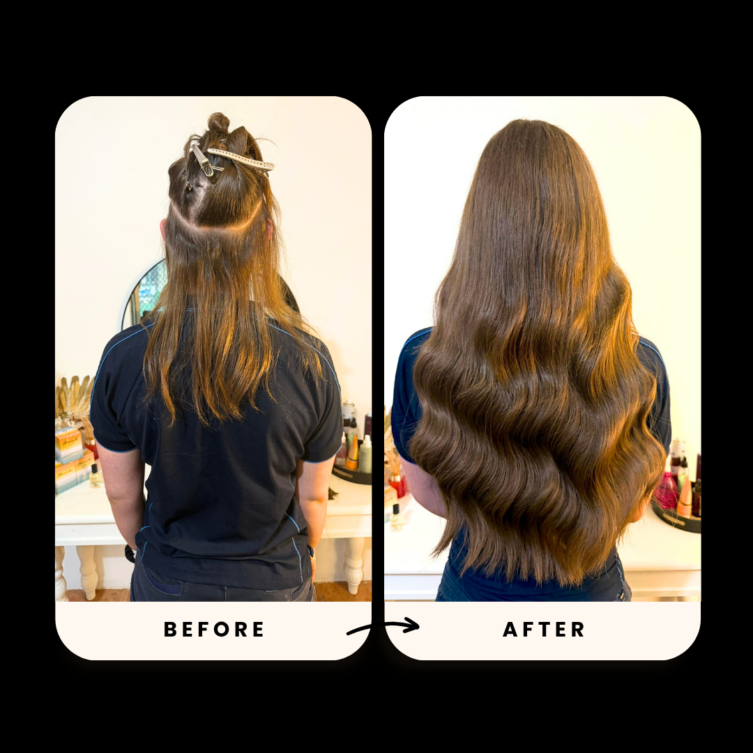 Side-by-side comparison of a woman's hair before and after a hair treatment. The "before" shows long, slightly wavy hair with uneven color. The "after" displays shiny, smooth, and darker longer hair with defined waves.