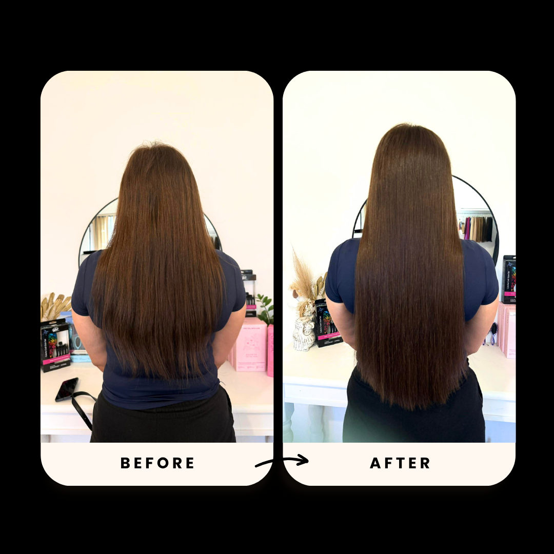 Side-by-side comparison of a woman with long, straight brown hair before and after hair treatment, showing smoother, shinier hair in the after photo.