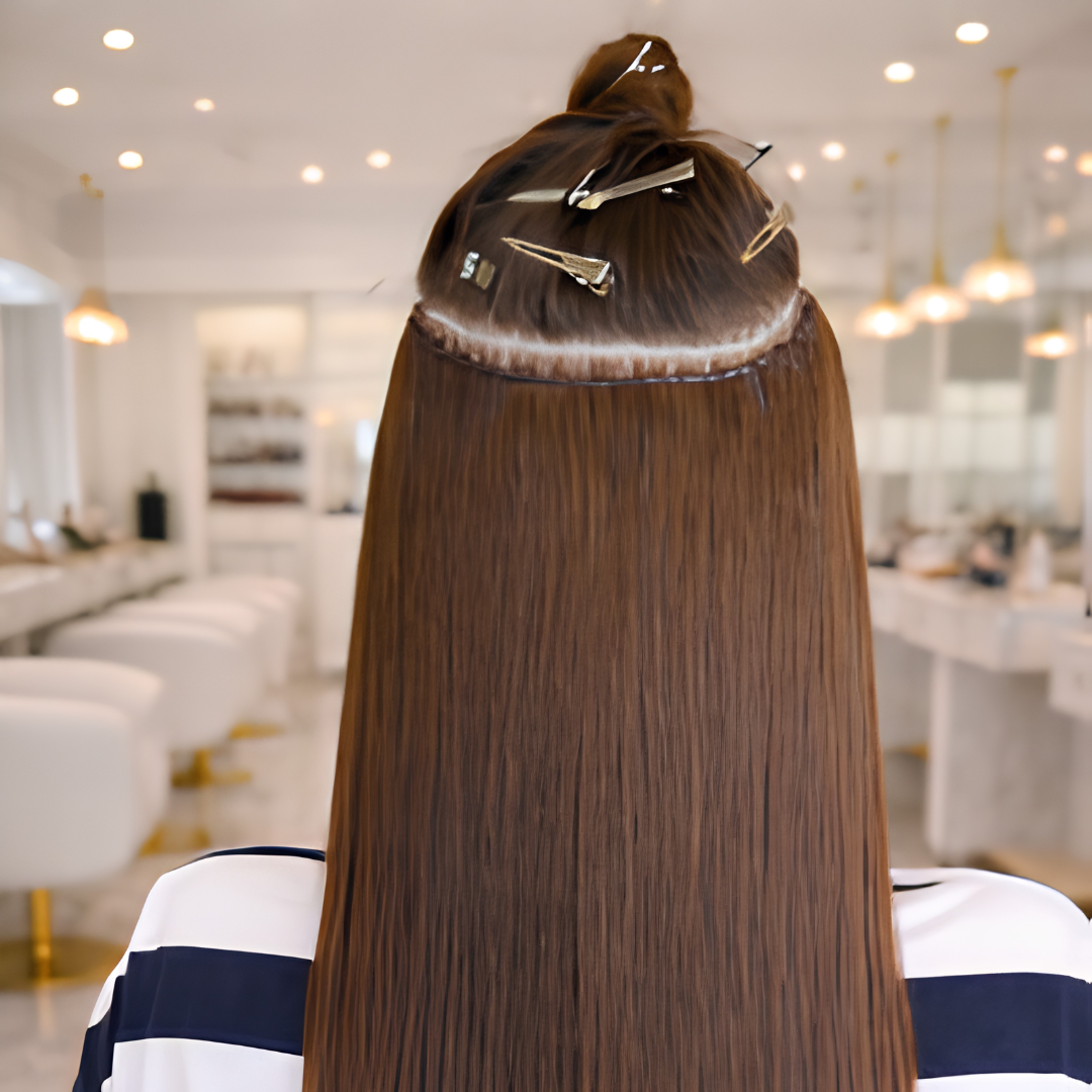 A person with long brown hair in a salon, secured with several hair clips, getting a hair treatment or styling.