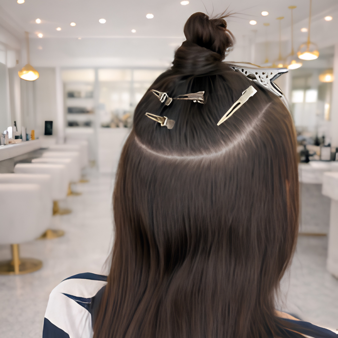 Back of a woman's head at a hair salon, with her hair sectioned off and clipped up for a haircut or styling.