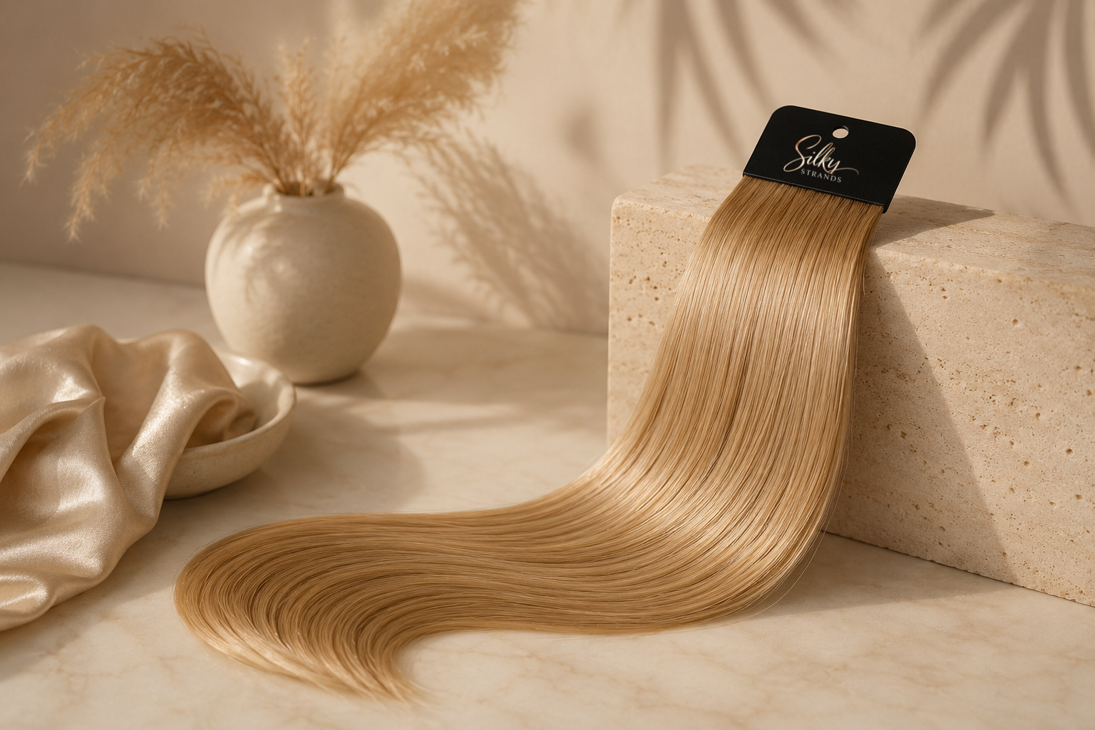 Blonde hair extension with Silky Strands label draped over a beige marble block, with a ceramic vase containing pampas grass in the background and a silk fabric in the foreground.