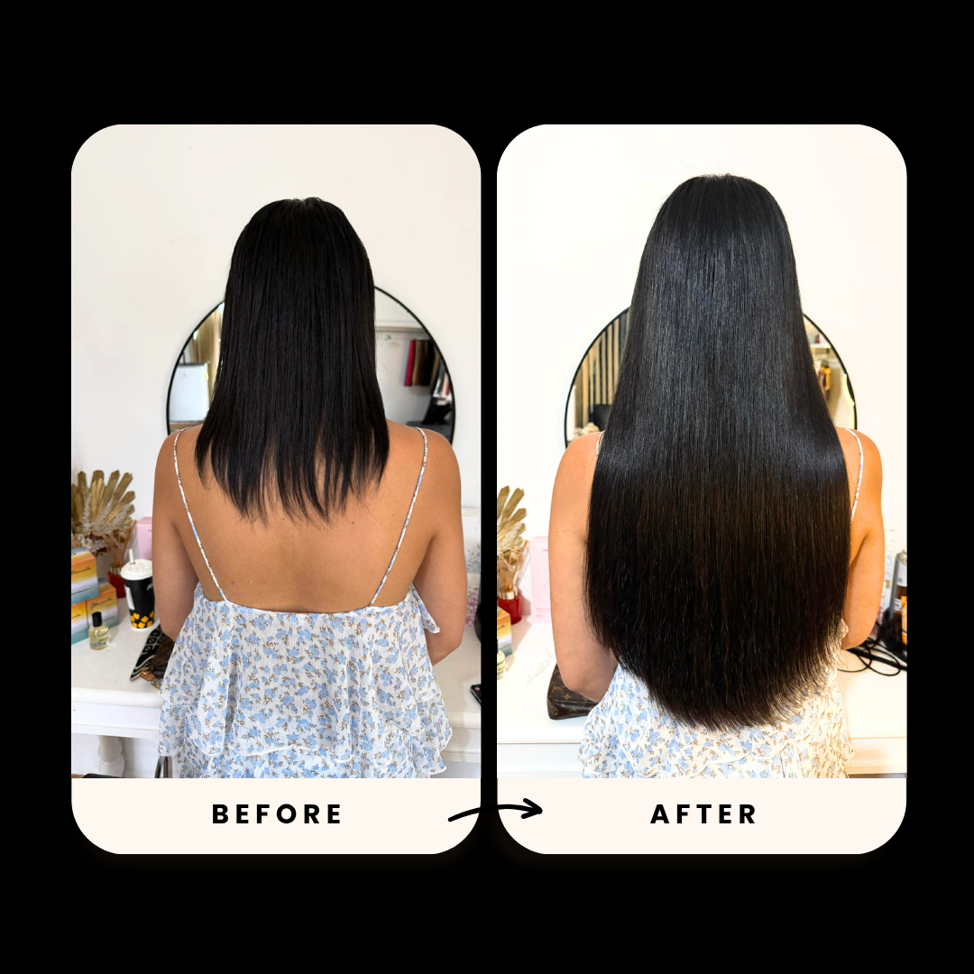Side-by-side comparison of a woman's back before and after hair treatment; before has shoulder-length black hair with uneven ends, after has longer, straight, shiny hair reaching mid-back.