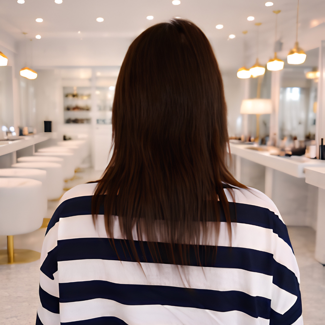 Back view of a woman with brown hair wearing a white and navy striped shirt in a modern, well-lit cafe or restaurant with white decor and bar stools.