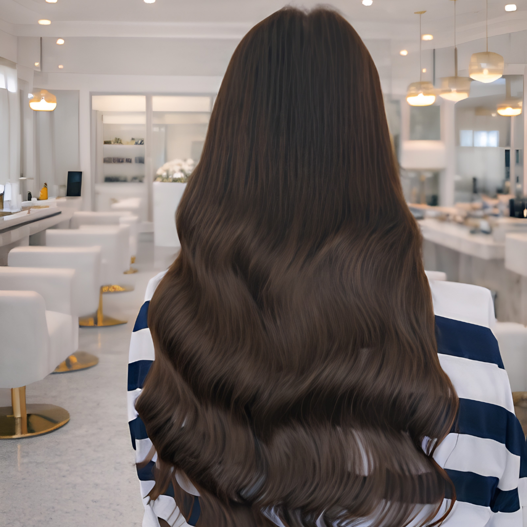 Woman with long, wavy brown hair sitting in a modern, bright cafe or restaurant.