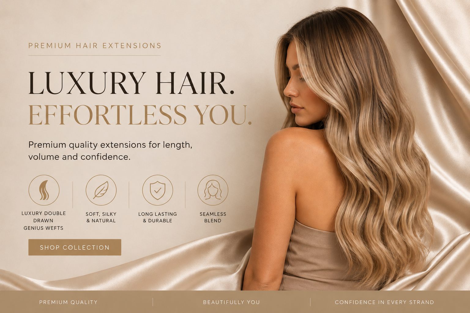 A woman with long, wavy blonde hair looking to the right, sitting against a satin fabric backdrop. The image advertises premium hair extensions.
