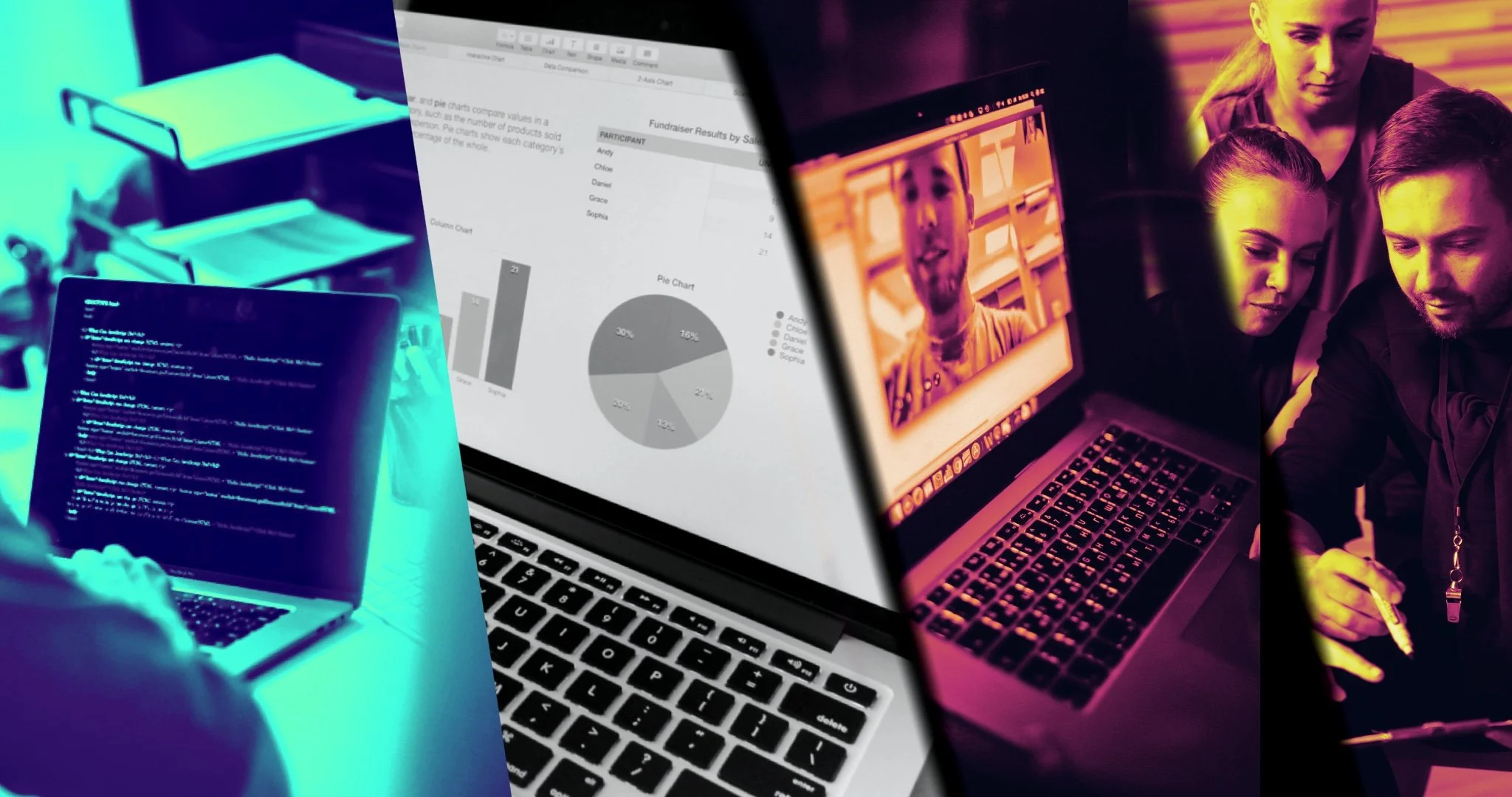 A collage of screens including a laptop displaying a chart, a histogram on another screen, a smartphone with code, and a group of people working together on laptops in a dimly lit room with colorful lighting.