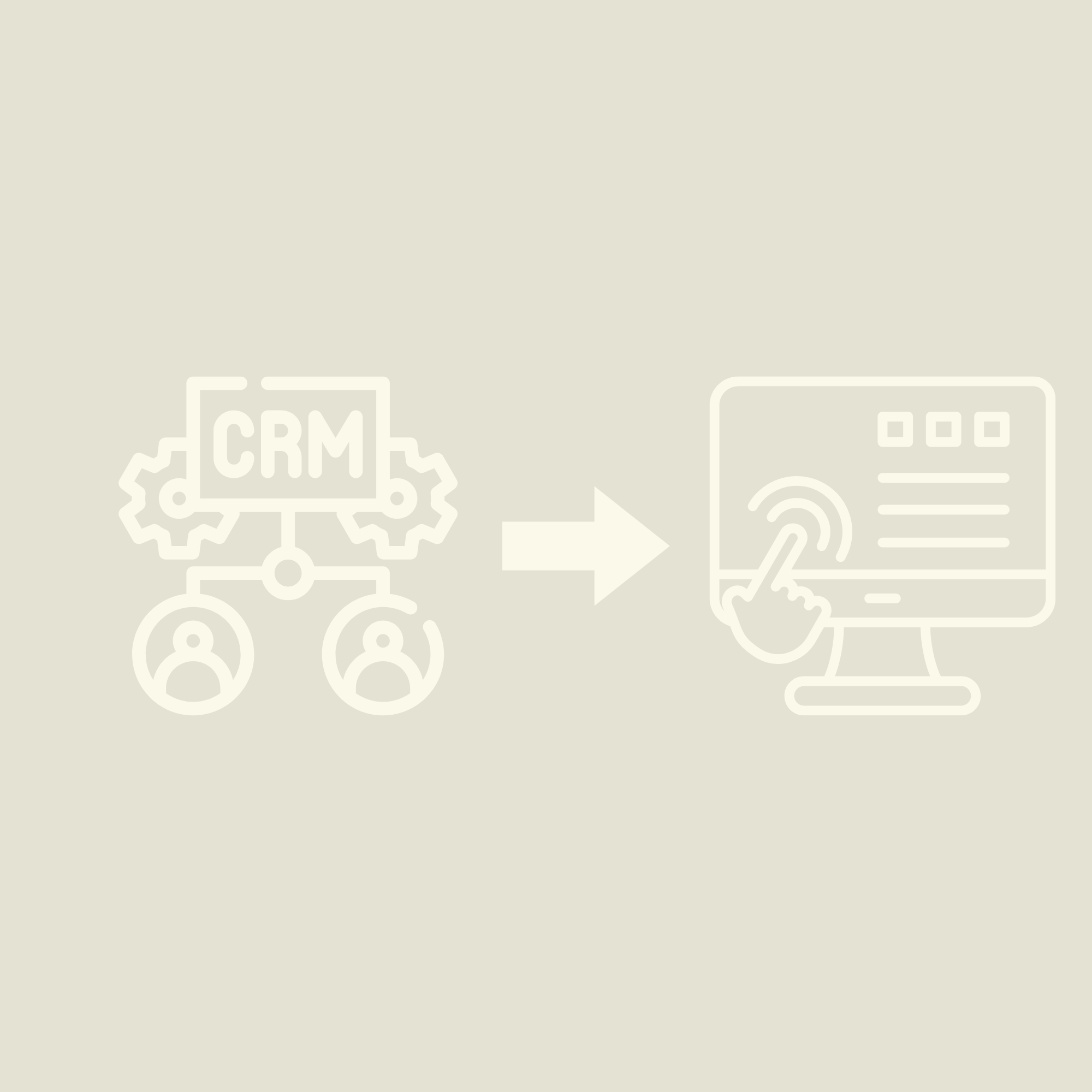 A blank light beige background with faint line art icons of a CRM gear, calendar, and computer monitor.